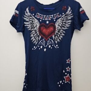 Sinful Navy Graphic T-Shirt with Heart and Wings